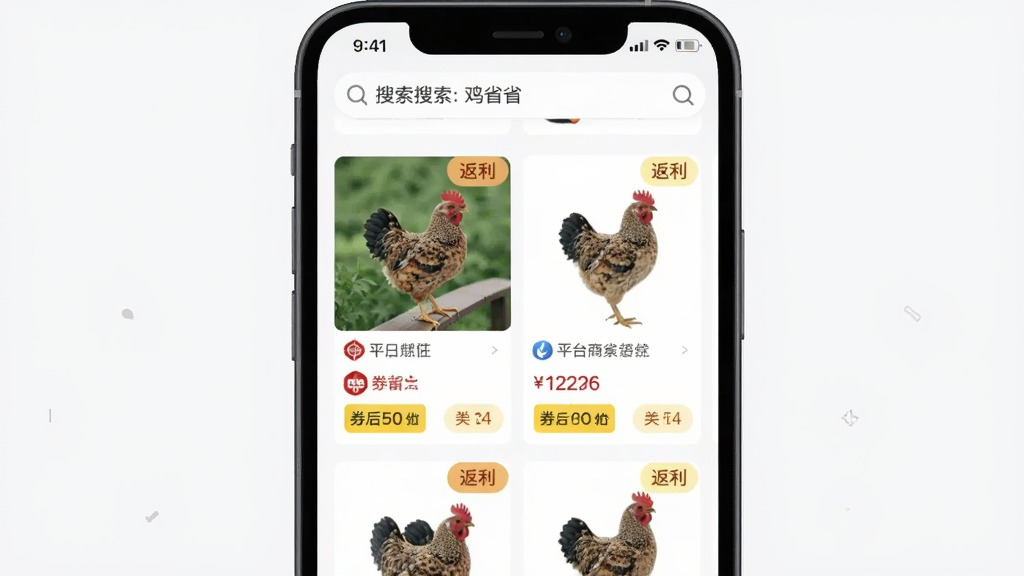 鸡省省商品搜索比价界面图,手机屏幕显示搜索栏输入关键词后列出多个商品卡片,每个卡片包含商品图、平台标识、券后价格和返利标签,排列整齐,背景干净,风格清新,细节清晰,画质干净,无多余元素