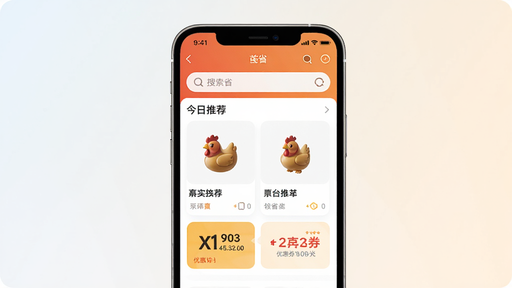 鸡省省APP主界面预览图,画面中央展示一部智能手机,手机屏幕上显示鸡省省应用首页,包含搜索框、今日推荐商品卡片和优惠券金额标签,背景为浅色渐变,风格简洁清爽,排版居中,细节清晰,画质干净,无多余元素