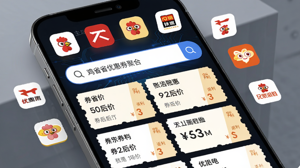 鸡省省优惠券聚合功能展示图,画面中一部手机屏幕显示多个电商平台图标围绕一个搜索框,搜索框下方列出不同平台的优惠券卡片,每张卡片标注券后价和返利金额,布局整齐,风格科技感,细节清晰,画质干净,无多余元素
