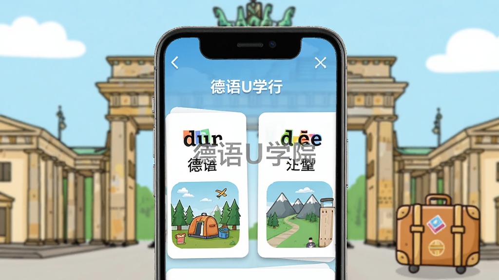 德语U学院场景化词汇学习界面,手机屏幕展示“旅行”主题的词汇卡片,卡片上有德语单词、中文释义和配图,背景为柏林勃兰登堡门和行李箱插画,风格清新卡通,色彩明快,画面中央有“德语U学院”水印,细节丰富,画质干净