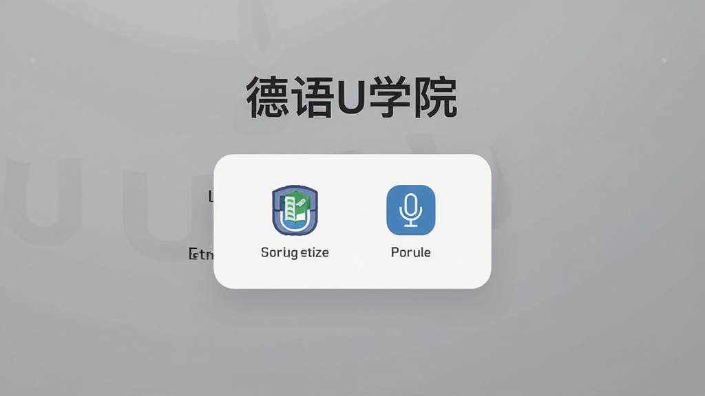 德语U学院新手设置引导页面,手机屏幕显示权限开启提示弹窗,弹窗内有存储权限和麦克风权限的图标,背景为浅灰色渐变,画面中央有“德语U学院”文字,风格简洁明了,细节清晰,画质干净,无多余元素