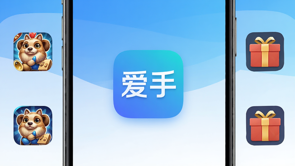 爱手软件主界面截图,画面中央是“爱手”应用图标,周围环绕着各类手游图标和礼包图标,背景为清爽的蓝白渐变色调,手机屏幕外框展示,布局简洁分明,整体风格现代科技感,细节清晰,画质高清,干净无多余元素