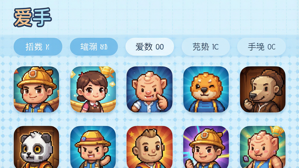 爱手游戏库界面展示,画面中整齐排列着各类手游封面图标,顶部有“爱手”Logo,分类标签清晰可见,背景为浅蓝色网格底纹,风格清新明快,细节丰富,画质高清,干净无多余元素