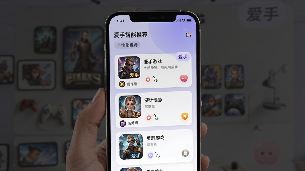 爱手智能推荐页面,手机屏幕中显示个性化游戏推荐列表,带有“爱手”推荐标签,界面采用卡片式布局,背景为淡紫色渐变,风格柔和现代,细节清晰,画质高清,干净无多余元素
