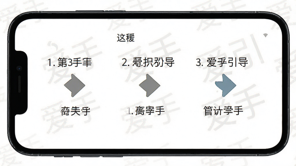 爱手新手引导界面截图,手机屏幕中显示分步操作指引,带有“爱手”水印,界面简洁,背景为白色,突出操作箭头与文字说明,风格清新,细节清晰,画质高清,干净无多余元素