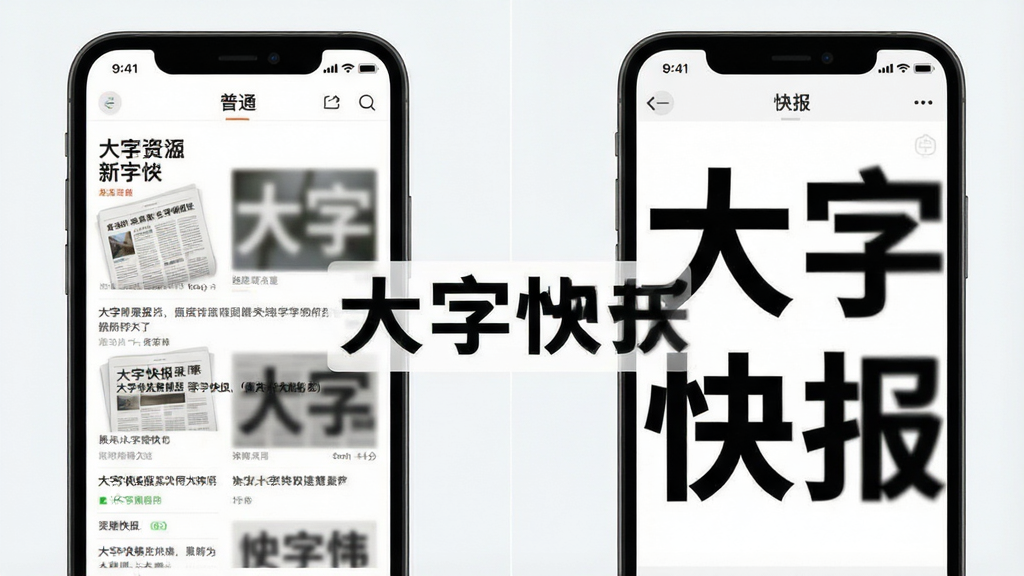 一张展示大字快报超大字体功能的示意图,画面左侧为普通新闻应用的小字界面,右侧为大字快报的大字界面,形成鲜明对比,画面中央有“大字快报”文字标识,整体风格为简洁对比图,布局左右对称,细节包括字体清晰度差异、界面留白对比,画质高清,干净,无多余元素