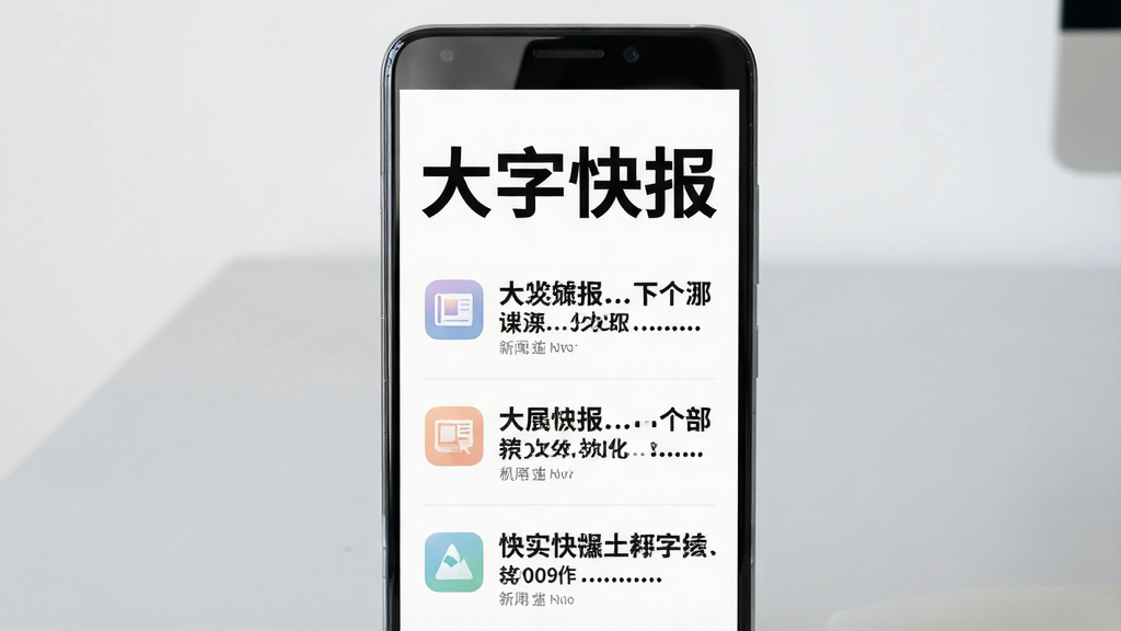 一张手机屏幕展示大字快报应用主界面,画面中央是一台竖屏安卓手机,手机屏幕内显示“大字快报”四个醒目大字标题,下方排列三条大字体新闻摘要,每条新闻配有小图标,整体布局简洁清晰,手机放置在浅灰色桌面上,背景干净无杂物,风格为写实产品展示图,细节包括手机边框反光、屏幕字体锐利、图标色彩柔和,画质高清,干净,无多余元素