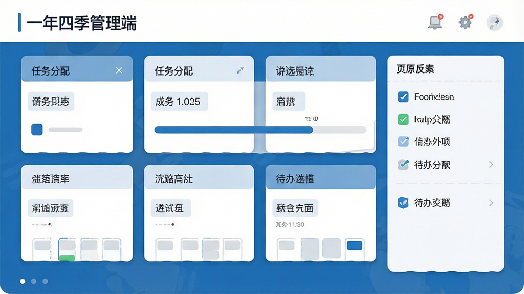 一年四季管理端 任务分配看板 卡片式布局 进度条 待办列表 商务蓝 扁平设计 干净画面
