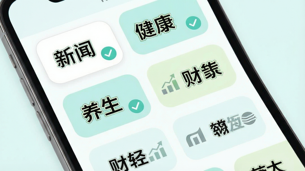 一张展示大字快报个性化频道订阅界面的图片,画面中手机屏幕显示多个频道标签,包括“新闻”“健康”“养生”“财经”等,每个标签字体较大,部分标签带有勾选标记,界面布局为网格状排列,风格为清新浅色系,细节包括标签圆角设计、选中状态高亮,画质高清,干净,无多余元素