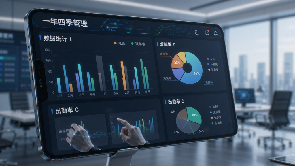 一年四季管理端 数据统计仪表盘 柱状图 饼图 出勤率 手机界面 科技感 高清画质