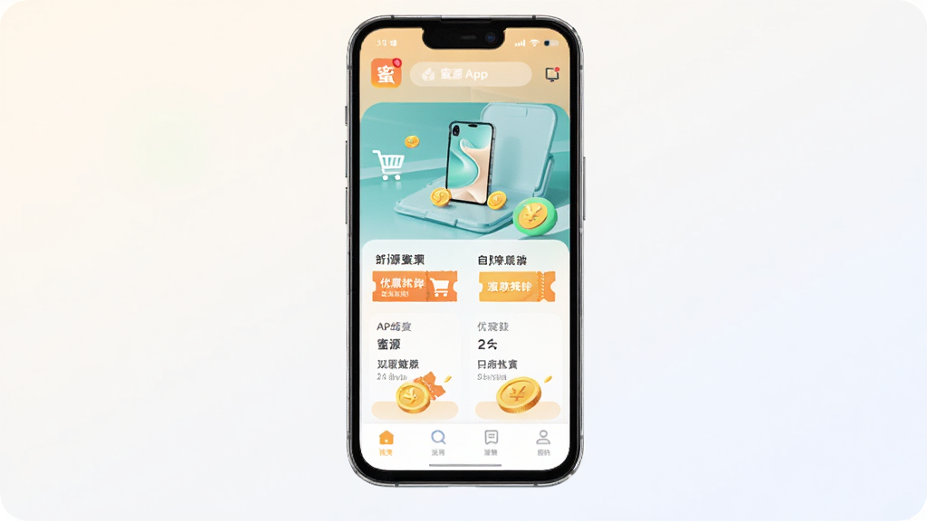 主体为一部智能手机,屏幕显示蜜源APP首页界面,布局为手机居中放置,背景为浅色渐变,排版为上下结构,风格为现代简约科技风,细节包含购物车图标、优惠券标签、金币元素,画质高清,干净,无多余元素