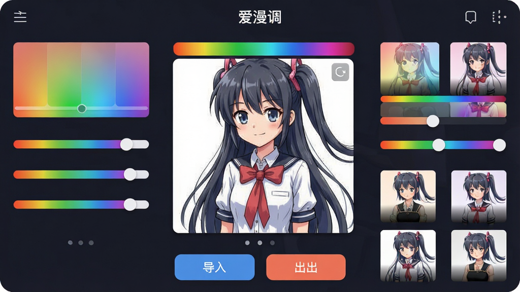 一张手机屏幕展示爱漫调软件主界面,界面中央是动漫角色插画预览图,周围环绕色彩调节滑块和滤镜缩略图,底部有导入和导出按钮,布局清晰整洁,风格为现代扁平化UI设计,细节包括渐变色彩面板和实时预览窗口,画质高清干净无多余元素,画面中文字标注“爱漫调”