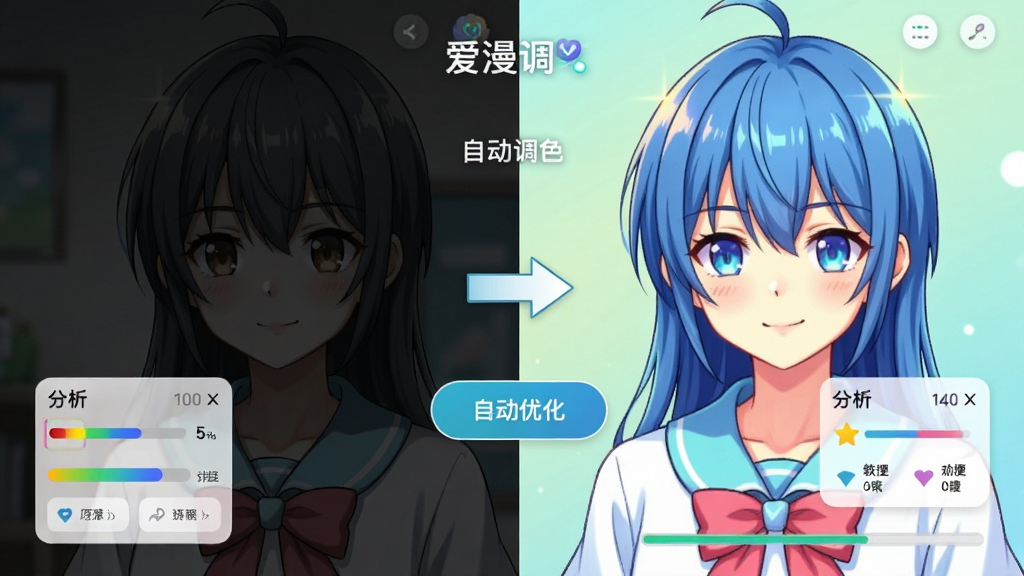 动漫风格手机界面展示爱漫调自动调色功能,画面左侧是原图偏暗的动漫人物,右侧是调色后明亮鲜艳的同一人物,中间有箭头和“自动优化”按钮,布局左右对比,风格为清新二次元配色,细节包括色彩分析数据小面板和进度条,画质高清干净,画面中文字标注“爱漫调”