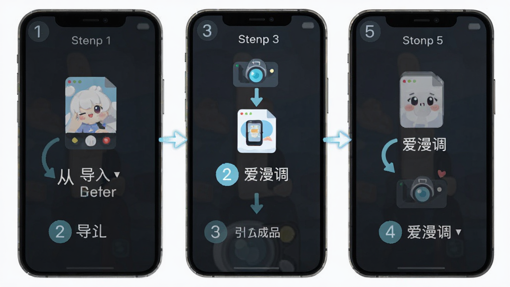 爱漫调新手操作流程图,画面以手机屏幕形式展示从导入图片到导出成品的五个步骤,每个步骤有图标和简短文字说明,布局为纵向流程图,风格为清新扁平化设计,细节包括箭头连接和步骤编号,画质高清干净无多余元素,画面中文字标注“爱漫调”