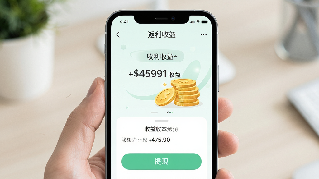主体为手机屏幕显示返利收益页面,布局为手机居中,排版为上下结构,风格为清新浅色,细节包含金币堆叠、收益数字、提现按钮,画质高清,干净,无多余元素