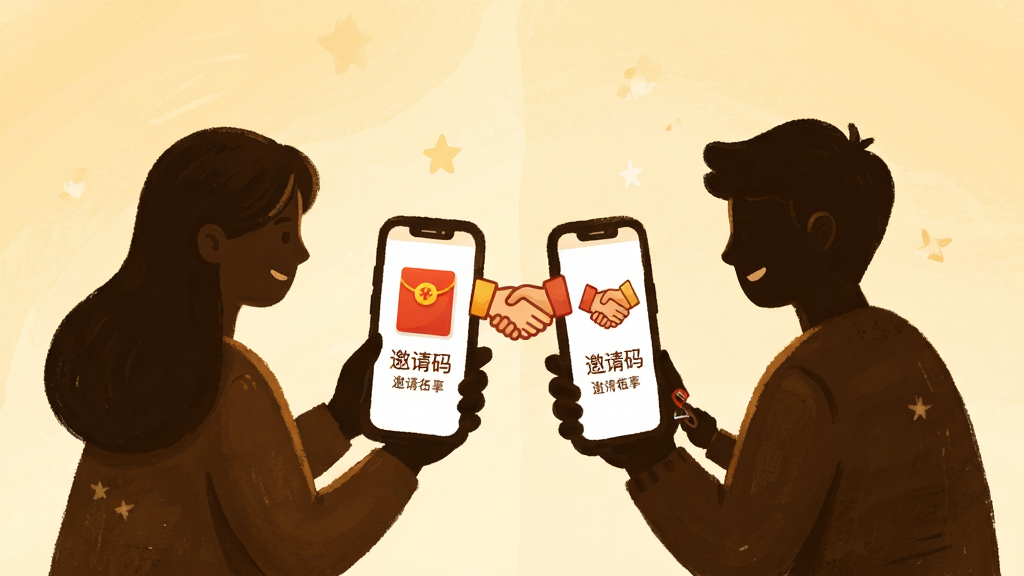 主体为两个人物剪影通过手机分享链接,布局为左右对称,排版为居中结构,风格为温暖插画风,细节包含邀请码、红包、握手图标,画质清晰,干净,无多余元素