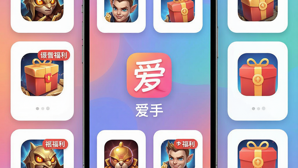 一张手机屏幕展示爱手软件主界面的预览图,画面中央是爱手应用图标和名称,周围环绕多款热门手游图标和礼包福利标签,布局清晰整齐,排版采用卡片式网格结构,风格为现代科技感UI设计,细节包括渐变背景、柔和光影和圆角图标,画质高清,画面干净,无多余元素