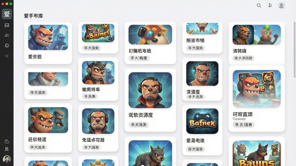 一张展示爱手软件内游戏资源库页面的预览图,画面主体是排列整齐的游戏卡片墙,每张卡片包含游戏图标、名称和分类标签,布局采用多行多列瀑布流排版,风格为清爽扁平化设计,细节包括柔和的卡片阴影和清晰的文字层级,画质高清,画面干净,无多余元素
