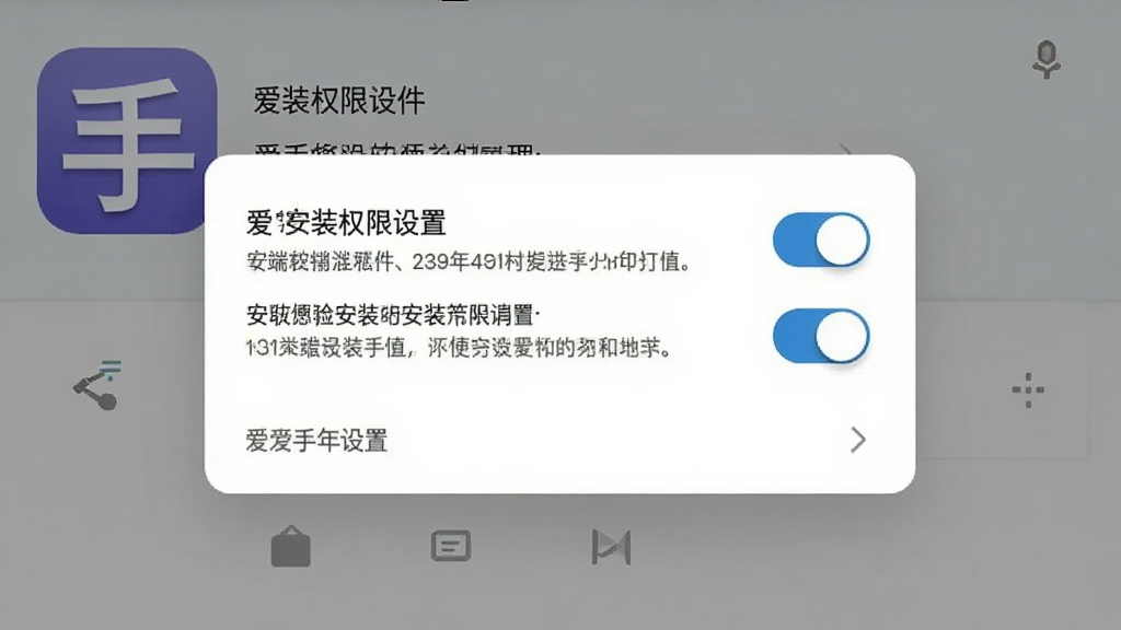 一张展示手机端爱手软件安装权限设置界面的预览图,画面主体是安卓系统权限管理弹窗与爱手应用图标,布局为居中弹窗式排版,风格为系统原生UI风格,细节包括清晰的开关按钮和权限说明文字,画质高清,画面干净,无多余元素