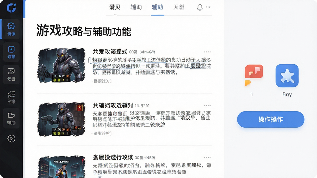 一张展示爱手软件内游戏攻略与辅助功能页面的预览图,画面主体是图文混排的攻略文章列表,旁边配有辅助工具图标和操作按钮,布局采用左右分栏结构,风格为简约阅读类UI设计,细节包括清晰的标题字体和舒适的段落间距,画质高清,画面干净,无多余元素