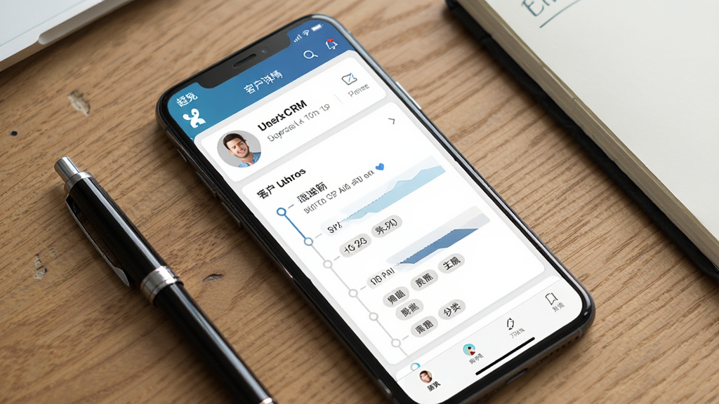 一部智能手机平放在木质桌面上,手机屏幕显示超兔CRM的客户详情页面,页面中有客户头像、跟进时间轴和标签分类,手机旁边放着一支笔和一个笔记本,画面采用俯视角度,布局简洁,风格为写实商务风,细节上屏幕内容清晰可见,光线柔和自然,画质高清,画面干净,无多余元素,屏幕角落有“超兔”标识