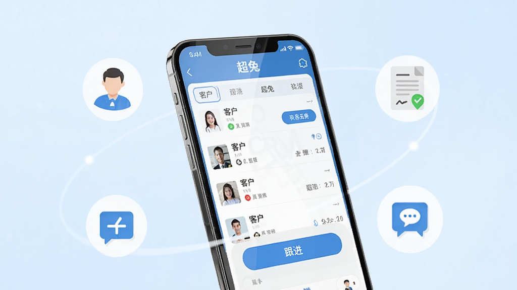 一张展示超兔CRM手机版应用主界面的产品宣传图,画面中央是一部现代智能手机,手机屏幕上显示着超兔CRM的客户管理界面,包含客户列表和跟进按钮,手机周围环绕着简洁的图标元素,如客户头像、合同图标、消息气泡,整体布局为中心构图,手机略微倾斜展示,背景为干净的浅蓝色渐变,风格为扁平化科技商务风,细节上手机屏幕有轻微反光,图标清晰锐利,画质高清,画面干净,无多余元素,屏幕上隐约可见“超兔”字样