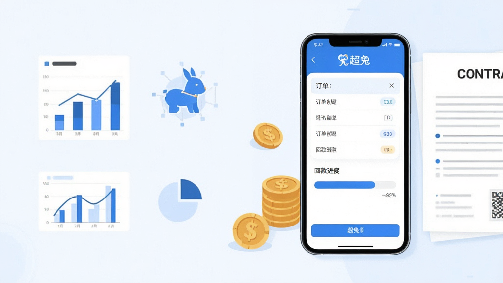 一张展示超兔CRM手机版订单与回款功能的场景图,画面中一部手机屏幕显示订单创建页面和回款进度条,手机旁边有象征金钱的硬币和合同文件,构图采用三分法,手机位于画面右侧,左侧留白处放置简洁的图表元素,风格为现代商务扁平风,细节上屏幕界面清晰,颜色以蓝白为主,画质高清,画面干净,无多余元素,屏幕上有“超兔”文字