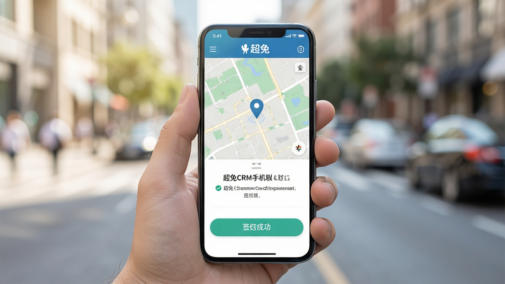 一张表现超兔CRM手机版外勤签到功能的图片,画面中一只手拿着手机,手机屏幕显示地图定位和签到按钮,背景是模糊的城市街道,构图以手机为视觉中心,风格为写实生活风,细节上手机界面有“超兔”字样和签到成功提示,光线明亮,画质高清,画面干净,无多余元素