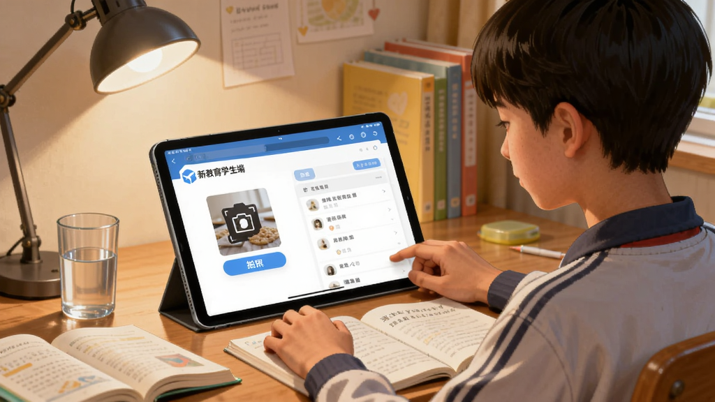 画面展示一名中学生坐在书桌前使用平板电脑,屏幕上显示“新教育学生端”作业提交页面,页面中有拍照上传按钮和作业列表,书桌上有课本、水杯和台灯,背景为温馨家庭学习角,风格为写实数字插画,色调温暖,细节丰富,画质清晰,干净,无多余元素