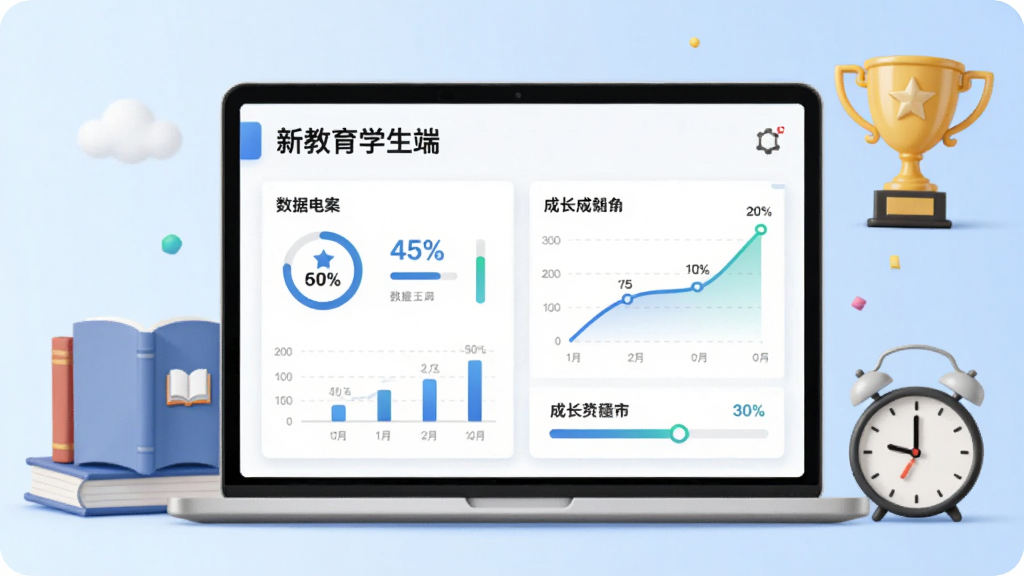 画面以“新教育学生端”学习档案页面为核心,展示数据图表和成长曲线,周围环绕书本、奖杯和时钟元素,背景为淡蓝色渐变,风格为简洁信息图,排版清晰,细节包括百分比和进度条,画质清晰,干净,无多余元素