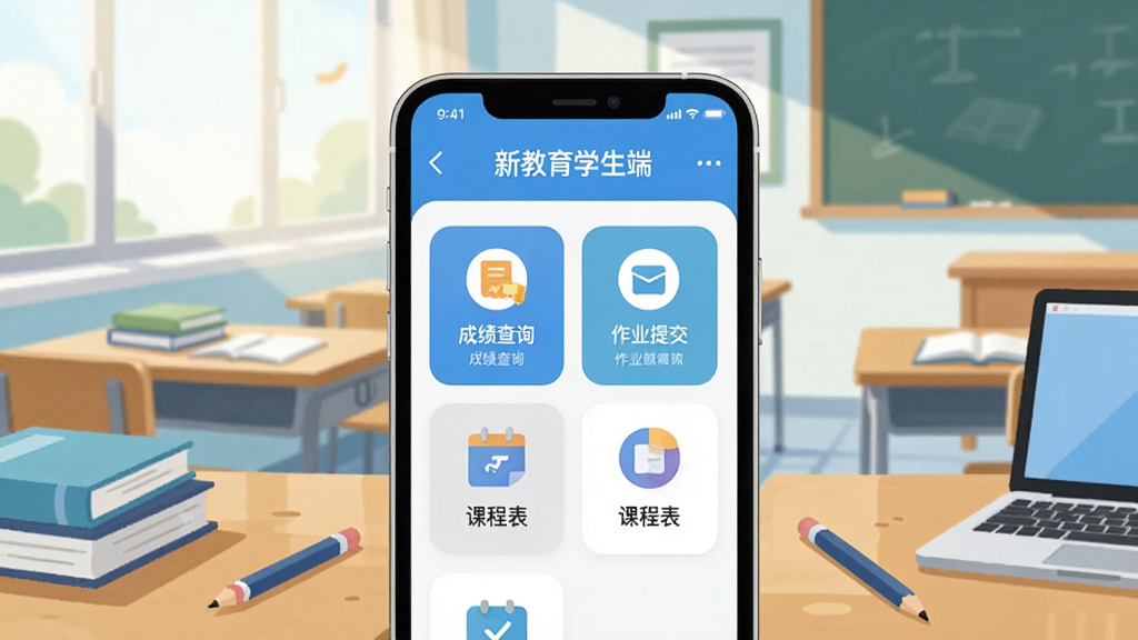 画面中央展示一部智能手机,屏幕显示“新教育学生端”应用主界面,界面包含成绩查询、作业提交、课程表等模块图标,背景为明亮教室场景,课桌整齐排列,阳光从窗户洒入,画面采用清新扁平插画风格,色彩以蓝白为主,细节包括书本、铅笔和电子设备,画质清晰,干净,无多余元素