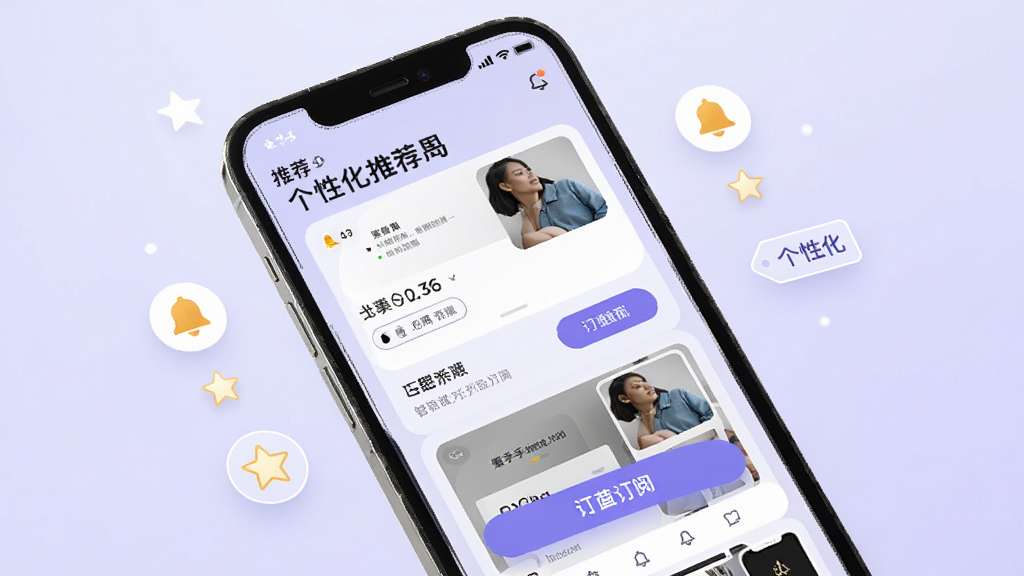 爱手智能推荐与个性化订阅界面图,画面为手机屏幕展示推荐卡片与订阅按钮,周围有星标、铃铛、个性化标签等图标,背景为淡紫色渐变,布局采用瀑布流卡片式,风格现代简约,细节清晰,画质干净,无多余元素