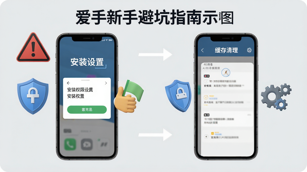 爱手新手避坑指南示意图,画面为手机屏幕显示安装权限设置与缓存清理界面,周围有警示图标、盾牌、齿轮等元素,背景为浅灰色,布局清晰分块,风格实用型,细节清晰,画质干净,无多余元素