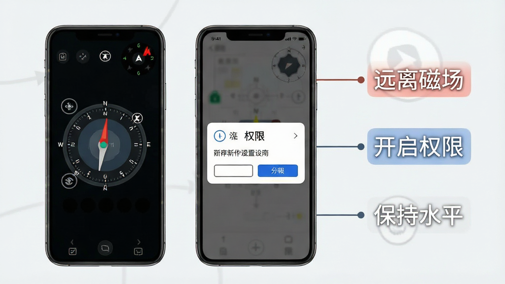 手机罗盘新手操作避坑指南示意图,画面展示手机屏幕中罗盘校准界面与权限设置弹窗,旁边配有文字标注“远离磁场”“开启权限”“保持水平”,背景为浅色简约风格,画质清晰,干净整洁