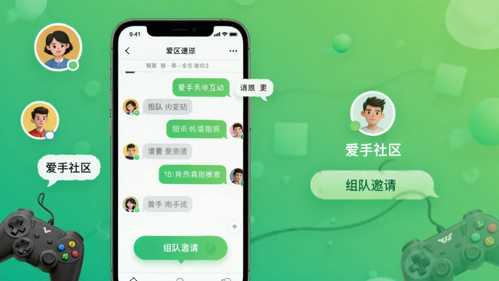 爱手社区互动与组队功能展示图,画面为手机屏幕显示聊天界面与组队邀请按钮,周围有玩家头像、聊天气泡、游戏手柄等元素,背景为清新绿色渐变,布局左右分栏,风格社交化,细节清晰,画质干净,无多余元素