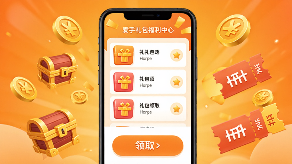 爱手礼包福利中心界面展示图,画面为一部手机屏幕显示礼包列表与领取按钮,周围漂浮金币、宝箱、折扣券等图标,背景为暖橙色渐变,布局居中突出重点,风格活泼明快,细节清晰,画质干净,无多余元素