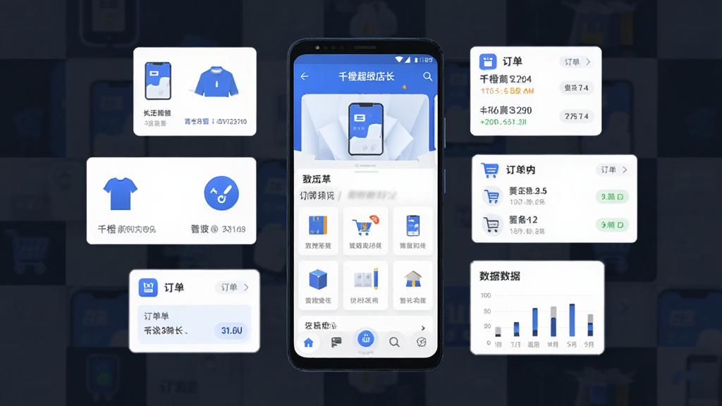 主体为一部安卓手机屏幕展示千橙超级店长应用主界面,布局采用居中构图,手机周围环绕商品卡片、订单列表、数据图表等悬浮元素,排版简洁有序,风格为现代科技感扁平化设计,细节包含蓝色主色调图标和清晰文字标签,画质高清干净无多余元素