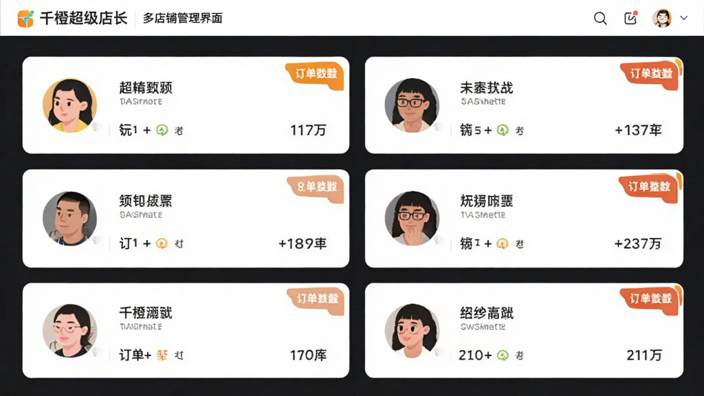 主体为千橙超级店长多店铺管理界面截图风格插画,布局采用左右分栏展示多个店铺卡片,排版整齐清晰,风格为简约商务扁平风,细节包含店铺头像、名称、订单数量角标,画质高清干净无多余元素