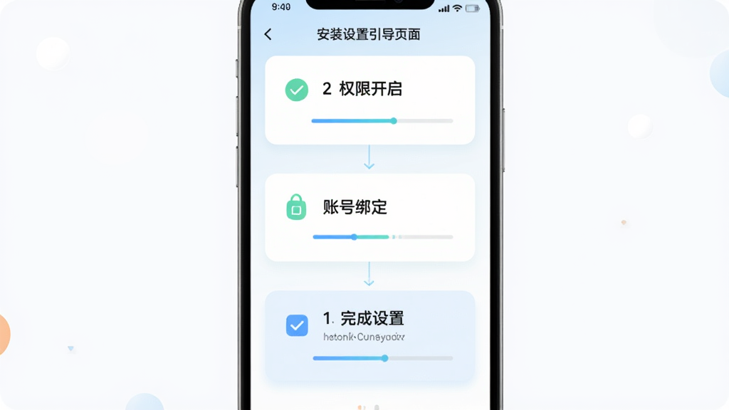 主体为千橙超级店长手机端安装设置引导页面,布局采用步骤式纵向排列,排版从上到下依次为权限开启、账号绑定、完成设置三个步骤卡片,风格为清新浅色扁平化设计,细节包含勾选图标和进度指示,画质高清干净无多余元素