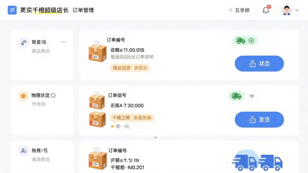 主体为千橙超级店长订单管理页面,布局采用列表式展示订单卡片,排版从上到下依次为订单编号、商品信息、状态标签,风格为清爽浅色UI设计,细节包含发货按钮和物流图标,画质高清干净无多余元素