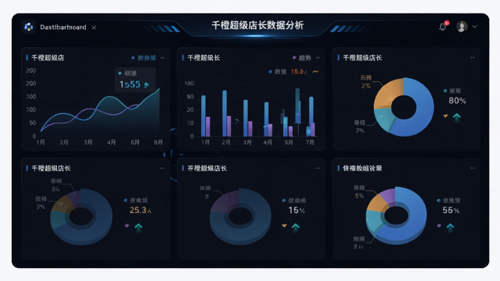 主体为千橙超级店长数据分析仪表盘界面,布局采用卡片式网格排列,排版包含折线图、柱状图和饼图,风格为深色科技感数据大屏风格,细节包含数字指标和趋势箭头,画质高清干净无多余元素