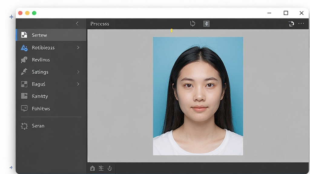 一张展示照片处理工具软件界面的预览图,画面中央是软件主窗口,左侧为功能菜单栏,右侧为照片预览区域,窗口内显示一张正在调整背景色的证件照,整体布局清晰,风格为简洁的扁平化设计,画质干净,无多余元素