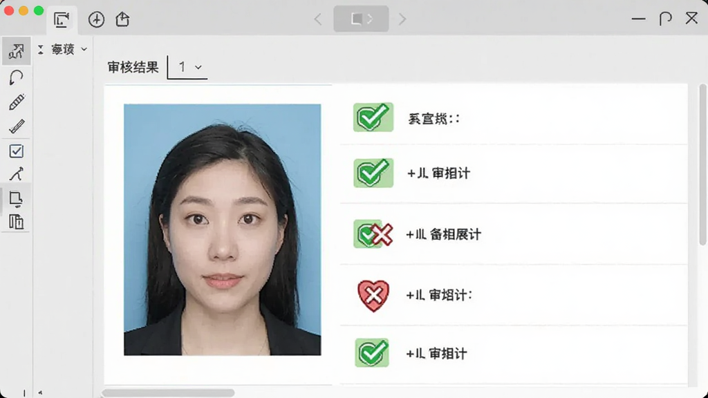 照片处理工具智能审核功能展示图,画面中软件界面显示一张证件照的审核结果列表,各项指标前有绿色对勾和红色叉号标记,背景为浅灰色工作区,风格简洁专业,画质清晰
