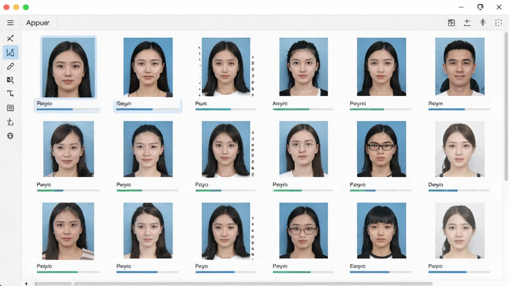 照片处理工具批量处理功能界面图,画面中显示多张证件照缩略图排列在软件队列中,每张照片下方有处理进度条,界面风格清爽,布局规整,画质干净