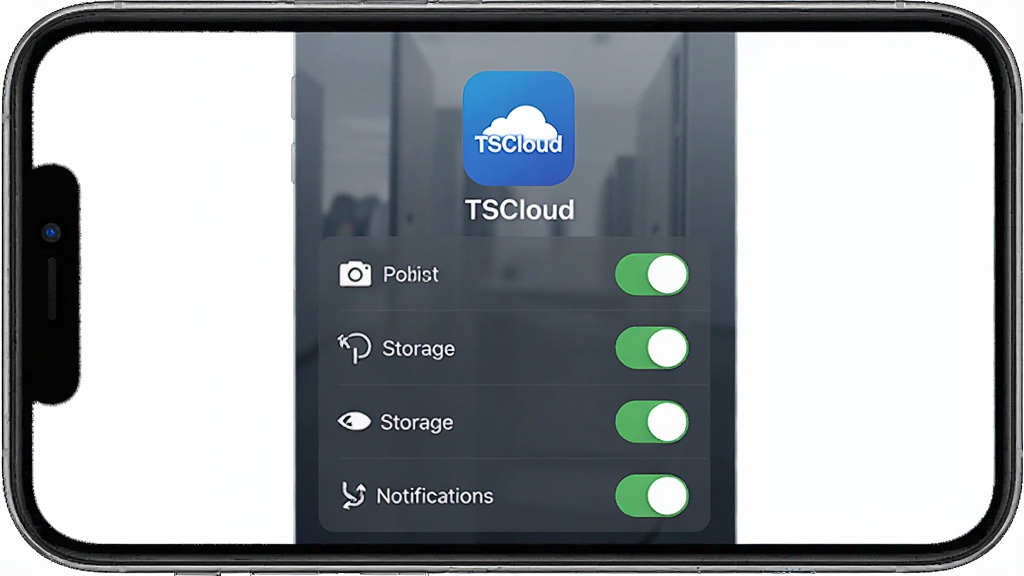 主体是 TSCloud 软件在手机上的安装与权限设置界面,布局为手机屏幕展示权限开关列表,排版为顶部软件图标下方多个权限项,风格为清晰教程风,细节包含相机、存储、通知开关按钮,画质高清、干净、无多余元素