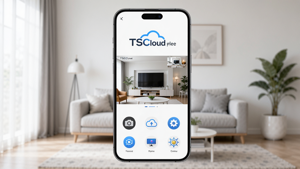 主体是一部智能手机屏幕显示 TSCloud 监控软件实时画面,布局为手机居中、背景是简洁的家庭客厅场景,排版为上下结构上方品牌名下方功能图标,风格为科技简约风,细节包含摄像头图标、云存储符号、实时画面小窗,画质高清、干净、无多余元素
