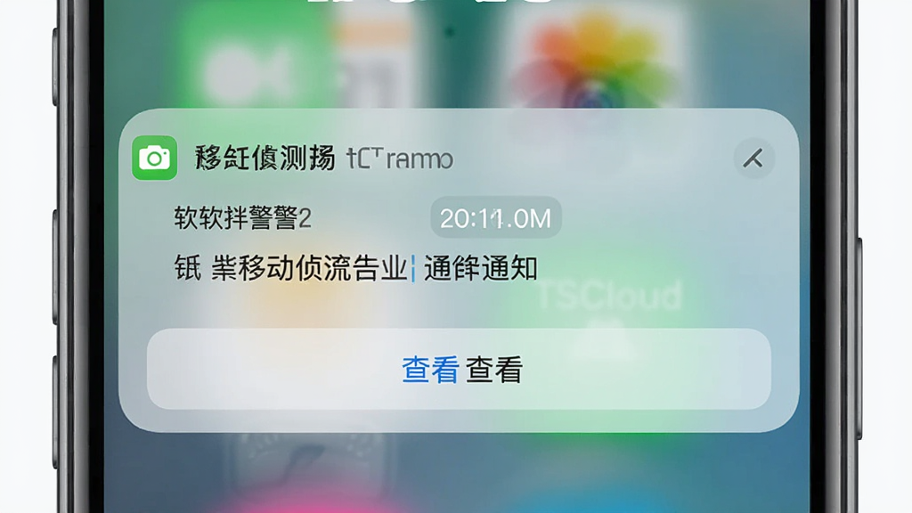 主体是手机收到 TSCloud 移动侦测告警通知,布局为锁屏通知卡片居中,排版为上方软件名下方告警内容,风格为简洁通知风,细节包含摄像头图标、时间标签、查看按钮,画质清晰、干净、无多余元素