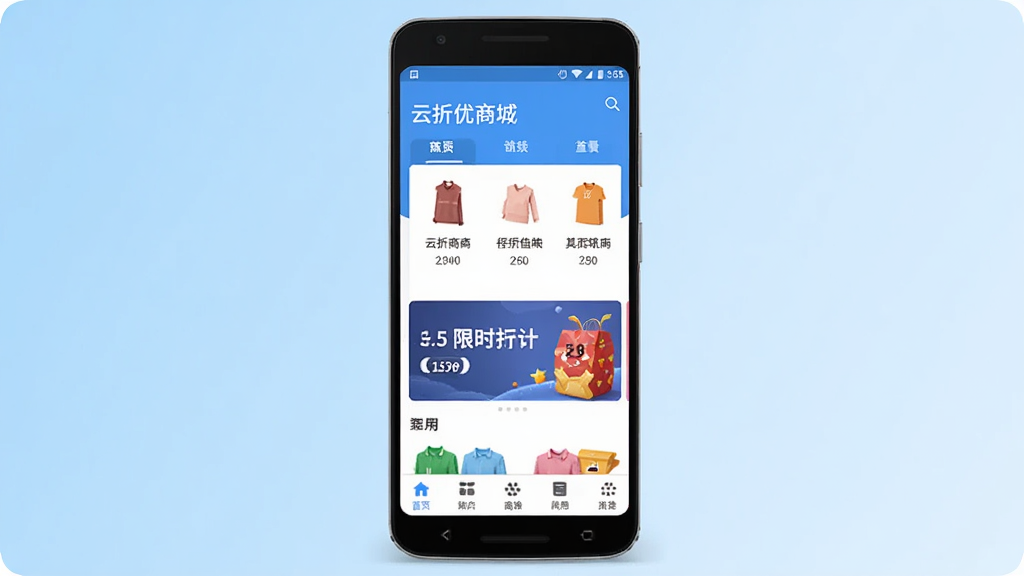 手机应用商店界面展示,画面中央是一部安卓手机,屏幕显示云折优商城首页,包含商品分类图标、限时折扣横幅和底部导航栏,背景为浅蓝色渐变,风格简洁现代,细节清晰,画质干净,无多余元素