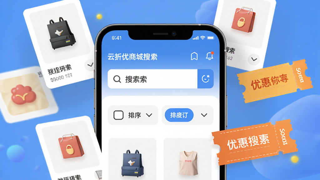 云折优商城搜索界面特写,手机屏幕显示搜索框和排序筛选按钮,周围漂浮着商品卡片和优惠券图标,主体突出,布局居中,风格扁平化,细节锐利,画质干净