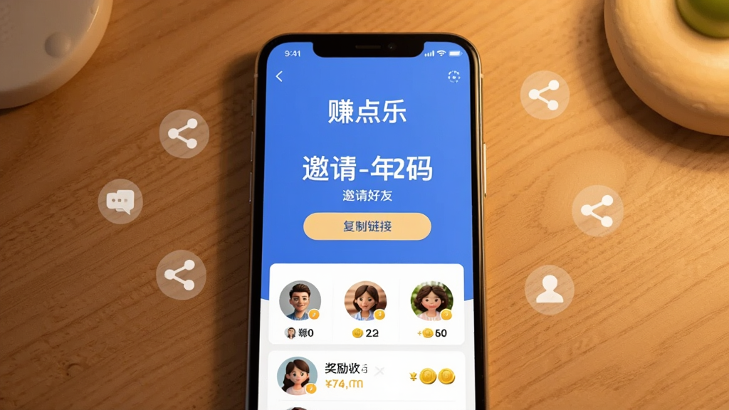 一部手机放在木质桌面上,屏幕显示“赚点乐”邀请好友页面,页面中央有大号邀请码和“复制链接”按钮,下方是好友头像列表和奖励金币数字,背景有淡淡的社交分享图标漂浮,暖色灯光,布局居中对称,风格温馨简洁,画质清晰干净